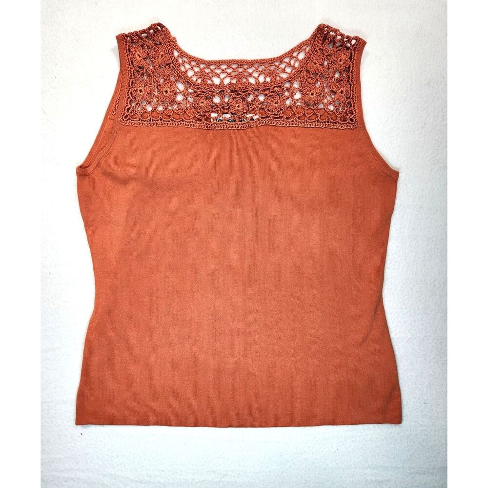 Vintage Joseph A Rust Crochet Lace Knit Shell Tank Top L Viscose Boho Y2K 90's